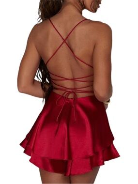 Red Satin Strappy Open-Back Mini Dress